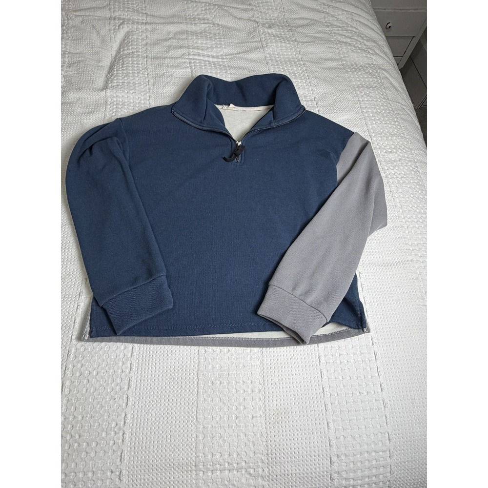 Hem & Thread Women Blue Grey Colorblock Quarter Zip Ribbed Pullover Sweater S